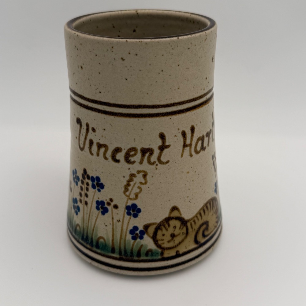Artisan Personalized Vincent Hartmann Stoneware Mug Cat & Blue Wildflowers 5.25" - Picture 10 of 11